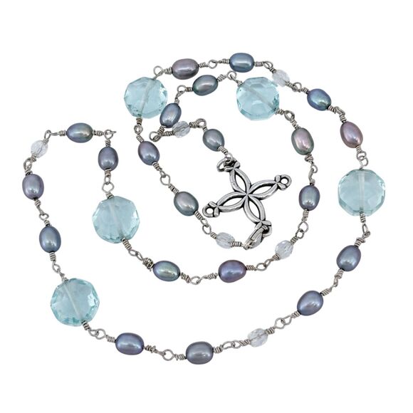 Gray Pearl & Blue Glass Bead Cross Necklace | Vintage Sterling Silver 925 | 19" - Picture 4 of 5